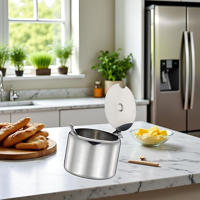 Set of Silver 285ml Stainless Steel Sugar Bowl with Spoon,Condiment Seasoning Pot Sugar Canister with Spoon - Storage Tank for Various Seasonings and Spices,Dinnerware and Serveware Kitchen Gadgets