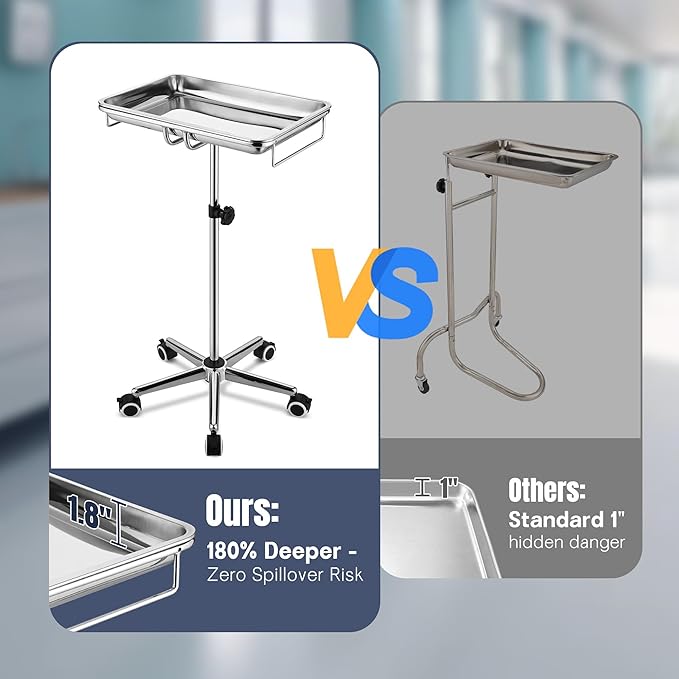 AW Mayo Stand with 2 Trays Stainless Steel Adjustable Height 31"-48" Mobile Medical Cart Trolley 19"x13"x2" Removeable Instrument Trays 5 Pcs Lockable Wheels for Dental Salon Tattoo Esthetician