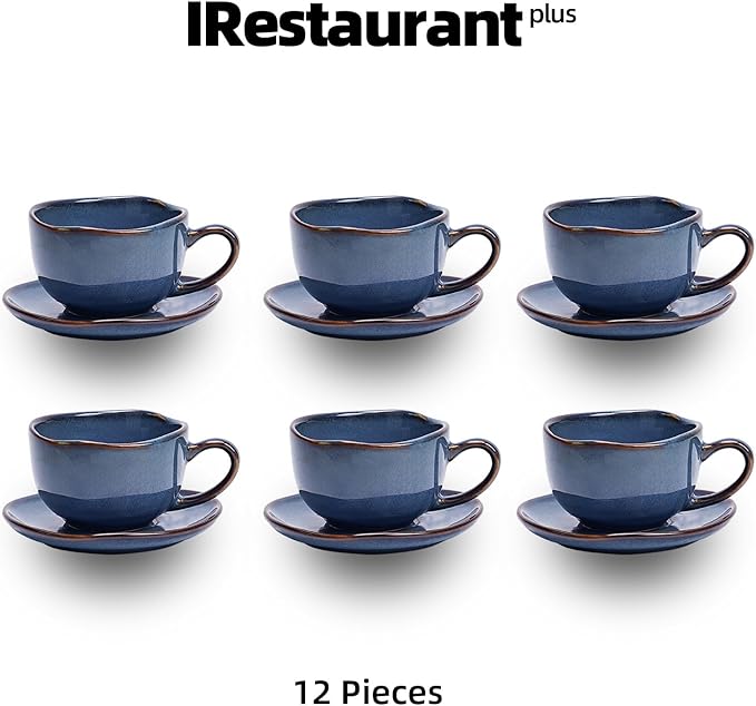 Organic Shape Highland Ceramic Coffee Cup and Saucer, 6pcs 8oz Handmade Reactive Glaze Saucer Sets with Wavy Edge, for Kitchen, Microwave & Dishwasher Safe, Scratch Resistant-Blue