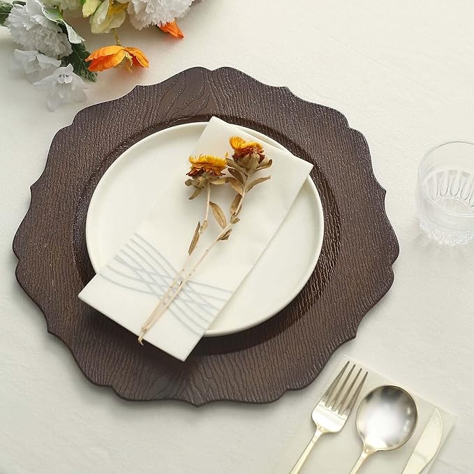 Efavormart 6 Pack | 13" Rustic Brown Wooden Textured Acrylic Charger Plates With Scalloped Rim