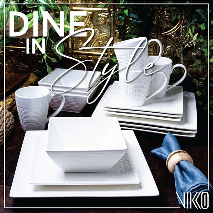 Vikko DinnerWare Sets,16 Piece Dinnerware Set, 4 Dinner Plates, 4 Dessert Plates, 4 Bowls, 4 Mugs, Fine Mesh Design, Service for 4 Ceramic Dinnerware Sets, Ivory