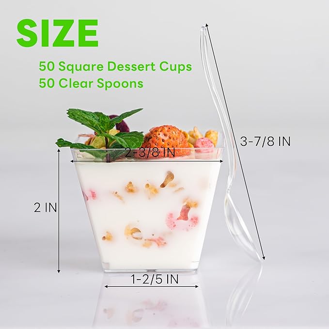 50 Pack 4oz Mini Dessert Cups with Soopns, Clear Square Dessert Bowls Small Plastic Parfait Cups Appetizer Cups for Wedding Party