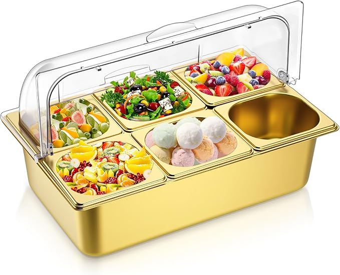 Countertop Food Serving Display Container Clear Roll Top Cover 6 Pan Stainless Steel Ice Food Buffet Server Salad Bar Pizza Topping Station Condiment Dispenser Restaurant Kitchen Party(Gold)