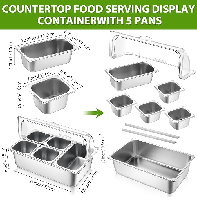 Countertop Food Serving Display Container and Clear Roll Top Cover Stainless Steel Food Serving Tray Buffet Condiment Dispenser Display Rack for Restaurant Hotel Kitchen Party (5 Pan)