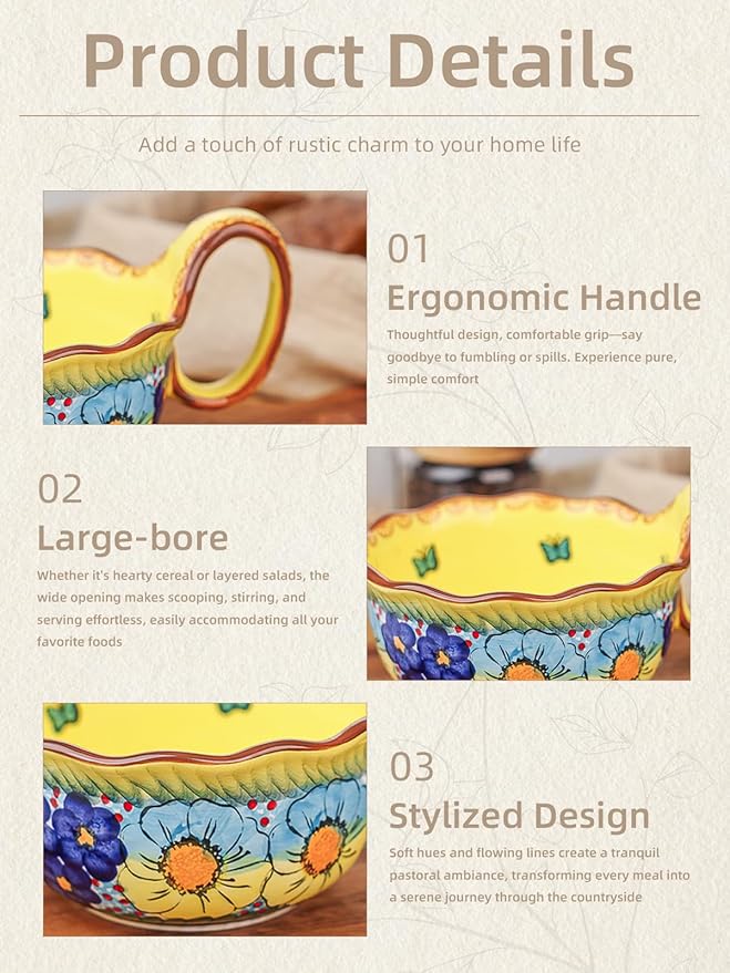 silesia Handmade Ceramic Soup Bowl, 30 oz Hand Painted Bowl with Loop Handle, Floral Design Cereal Bowl for Soup, Ice cream, Snack, Microwave & Dishwasher Safe (Glazed Yellow)