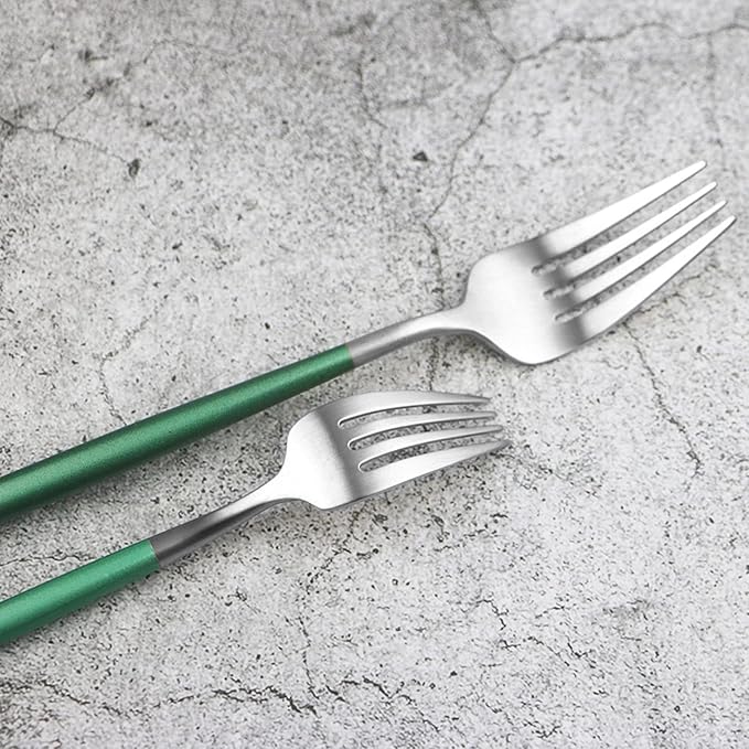 JASHII 6pcs Green&Silver Dinner Forks Set, Satin Finished Main Fork Set, 304 Stainless Steel Table Forks, Round Handle Modern Design, Dishwasher Safe - 7.6-inch