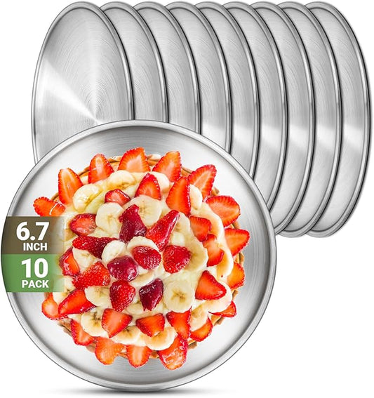 Stainless Steel Plates, 10 Set 6.7 inch 304(18/8) Metal Food Serving Plate, Reusable Snack Eating Dishes Round Shatterproof Plate Silver Dinnerware for BBQ Dinner Oven Dishwasher Safe