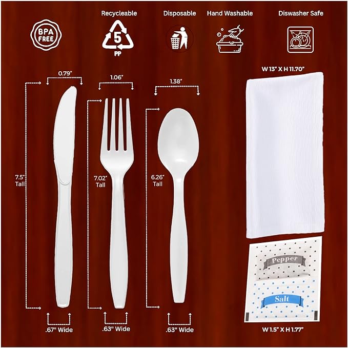 Bulk Heavy Weight Cutlery Individually Wrapped White Plastic Cutlery Knife, Spoon, Fork Pack with Napkin and Salt and Pepper Packets - Extra Strong & Resistant