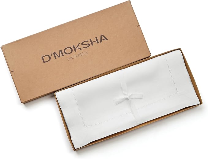 D'Moksha Homes Linen White Table Runner 108 Inches Long - 100% Pure Linen 14 x 108 Inch Table Runner for Winter, Christmas, Holiday, New Year - Classic Hemstitch