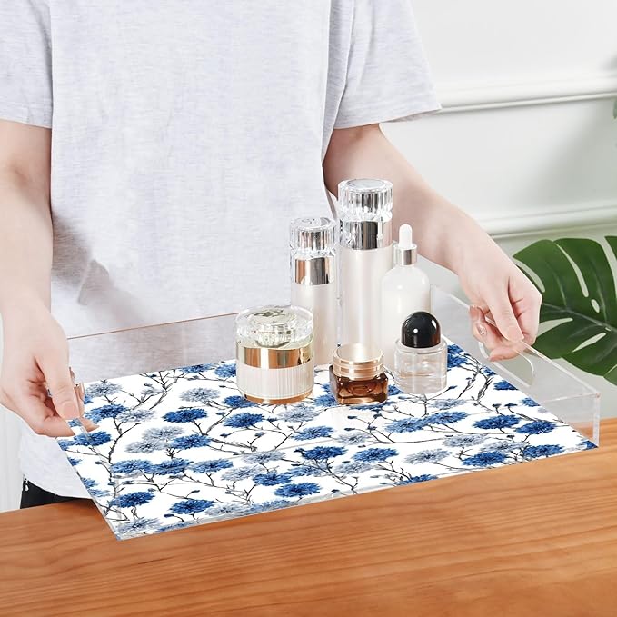 Serving Tray with Handles Clear Acrylic Tray 12x16 Inch Decorative Rectangular Tray Organizer for Ottoman Coffee Table Bathroom Washable Chinese Style Cornflower