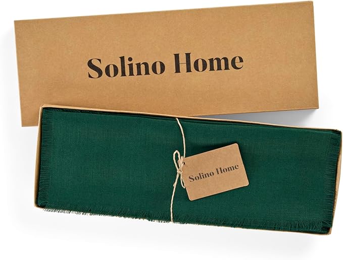 Solino Home Fringe Linen Placemats Set of 4 - Evergreen Placemats 14 x 19 Inch - 100% Pure Linen Table Mats for Christmas, Winter, New Year - Handcrafted and Machine Washable