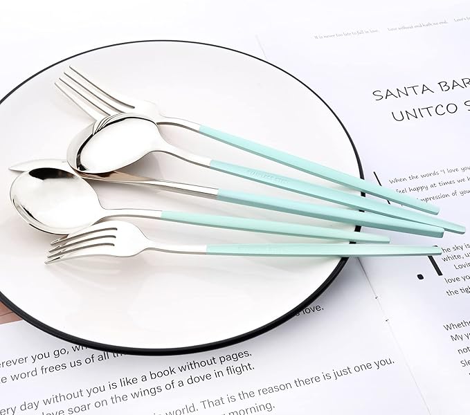 30-Piece Snplowum Mirror Flatware Serving Set, 18/0 Stainless Steel Dinnerware With Mint Green Handle, Modern Durable Home Kitchen Eating Tableware Set Service For 6 (Mint Green Silver)