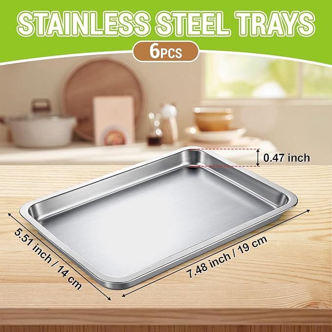 6 Pcs 7.5 x 5.5 Inch Small Baking Sheet Silver Tray Stainless Steel Baking Pan Cookie Sheet Rectangle Mirror Finish and Rust Free Easy Clean and Dishwasher Safe Bakeware Oven Tray for Roasting