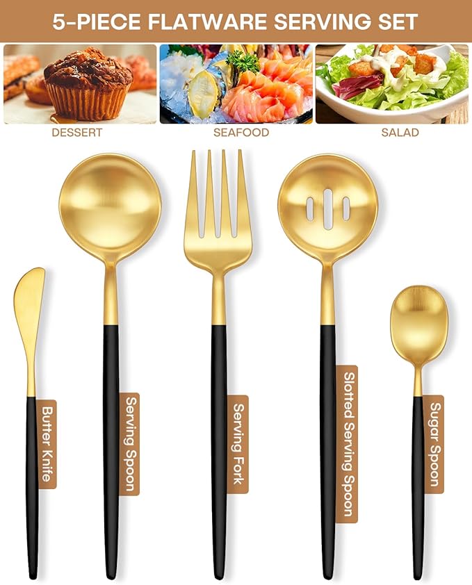Stapava 5-Piece Black Gold Serving Utensils Set, Stainless Steel Hostess Set Include Large Spoons, Forks, Sugar Spoon & Butter Knife for Buffet Party Kitchen Restaurant, Satin Finish, Dishwasher Safe