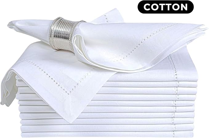 Homidate Cotton Cloth Dinner Napkins Set of 12 – 18x18 White with Hemstitched Mitered Corners – Machine Washable Fabric Napkins for Weddings, Dinner Parties & Table Decorations