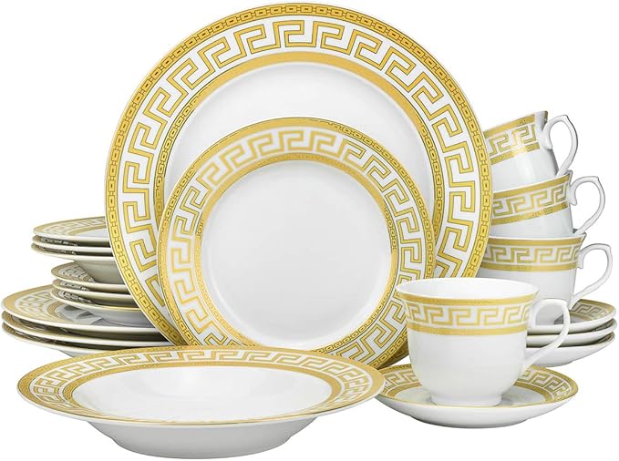 Euro Porcelain 20-pc Dinnerware Set w/ Gold Greek Key Pattern 24K Ornament, HQ Dining Service for 4