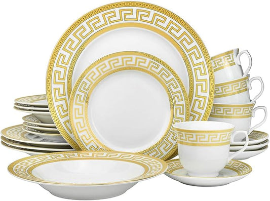 Euro Porcelain 20-pc Dinnerware Set w/ Gold Greek Key Pattern 24K Ornament, HQ Dining Service for 4