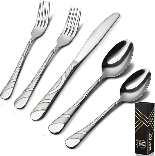 20-Piece Silverware Set for 4, 18/0 Frosted & Mirror Finish Stainless Steel Vintage Flatware Set, Modern Cutlery Set for Home Wedding Restaurant Housewarming Party Event Serving For 4