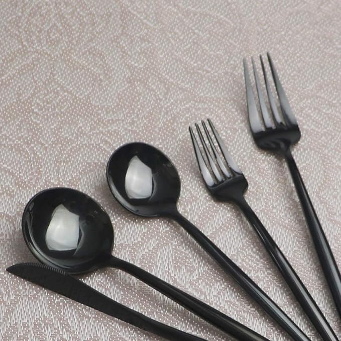 Gugrida Portable Silverware Set - 20-Piece Flatware Cutlery Set - 18/10 Stainless Steel - Mirror Polishing Black - Travel Elegant Modern Utensils - Service for 4 Include Steak Knife Dinner Fork Spoon