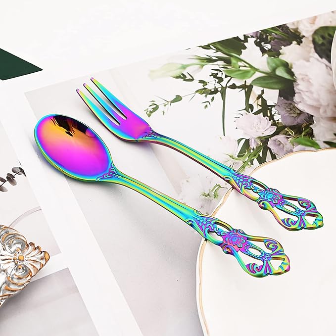 Elegant 32-Piece (4 Set) Retro Flatware Set, Stainless Steel Cutlery Set - Complete Eating Tableware Serving Set, Dishwasher Safe, Shiny Mirror Polish (Rainbow)