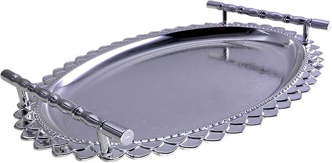14.6 inch x 11 inch Oval Chrome Plated Silver Serving Tray with Handles Stylish Design Floral Plant Engraved Edge Party Birthday Dessert Buffet Platter Plate FST-084