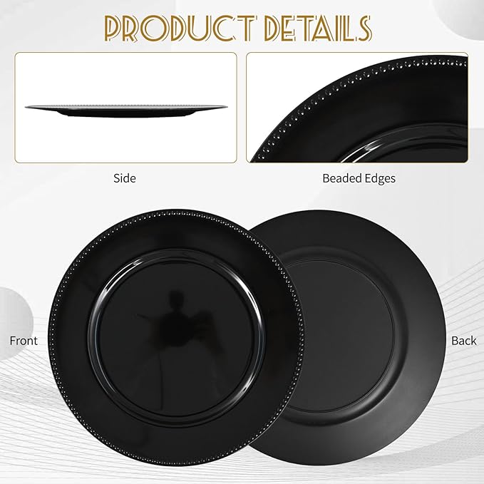 50 Pcs Black Charger Plates Round Charger Plates13 Inch Bulk Wedding Dinner Elegant Reusable Plastic Chargers Plates Wedding Holiday Party Baby Shower Event Decoration (Black)