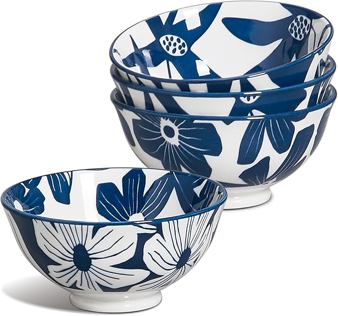 ONEMORE Ceramic Soup Bowls, 10 oz Cereal Bowls Set of 4, Blue Porcelain Bowls for Dessert, Ice Cream, Fruit, Scratch Resistant, Microwavable Dishwasher & Oven Safe, Stackable Kitchen Bowls