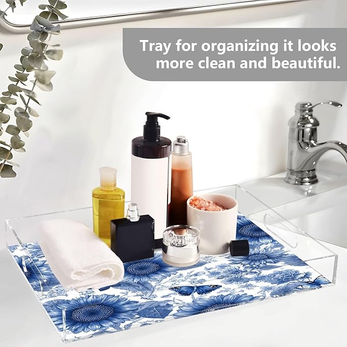 Serving Tray with Handles Clear Acrylic Tray 12x16 Inch Decorative Rectangular Tray Organizer for Ottoman Coffee Table Bathroom Vintage Blue Sunflowers and Butterflies
