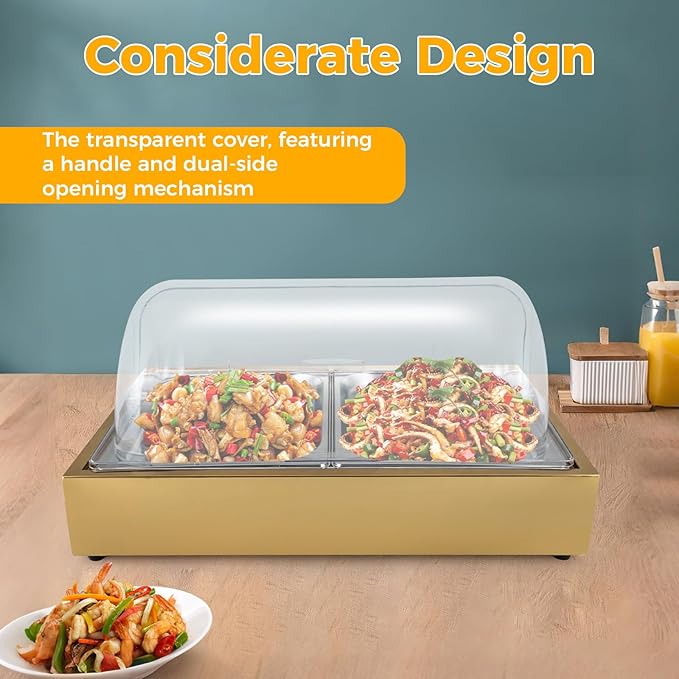 Ice Food Serving Display Tray, 6L Spice Display Salad Dressing Cooler Food Dishes Display Plate Case w/Clear Roll Top Cover for Outdoor Buffets Parties & Restaurant (Gold)