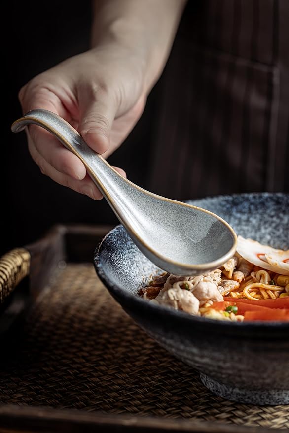 LYEOBOH Ceramic Asian Soup Spoons Set of 6 with Long Handle for Kitchen, Restaurant, Japanese Ramen Spoons with Deep Hook Design, Dishwasher & Microwave Safe, Gray