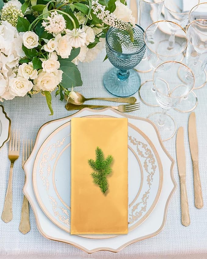 CROWN GUIDE 12 Pack Gold Napkin Rings and Cloth Napkins Set of 6, 17x17 Satin Cocktail Napkins Bulk Table Napkins Holder for Wedding Reception Personalized Napkins Bridal Shower for Party Decorative