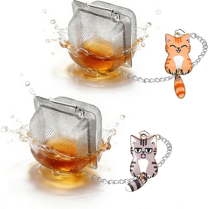Cat Tea Infuser Set, 2PCS Cubic Loose Leaf Tea Steeper Reusable Stainless Steel Mesh Bags, Cute Tea Strainer with Waving-Tail Cat Charms (Orange Tabby & Silver Tabby)