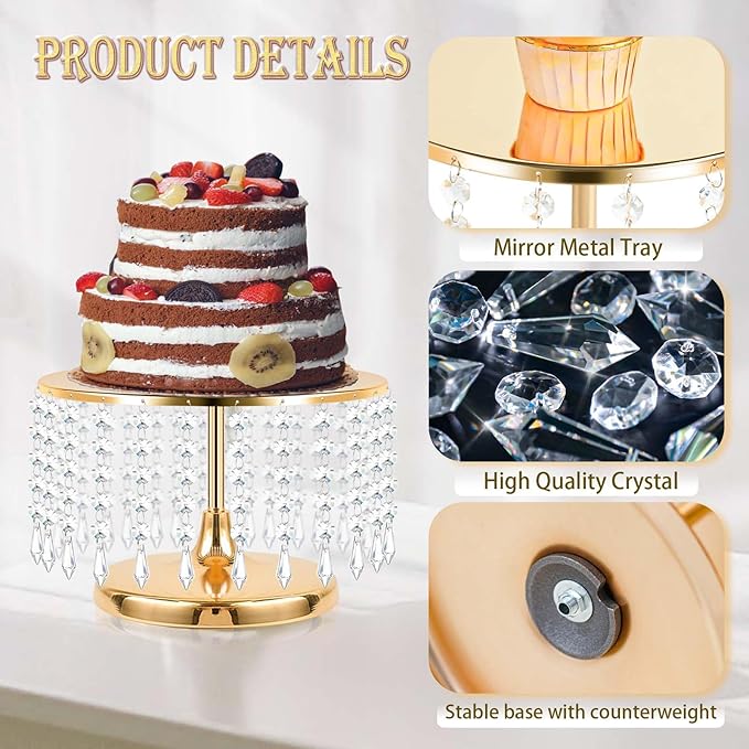 2 Pcs Gold Metal Mirror Cake Stand Set with Crystal Pendants - 11.8"W Elegant Dessert Table Display for Weddings, Birthday Parties, Baby Showers, Events - Sturdy Crystal Bling Cupcake Stands for Pastries, Sweets, Decorations