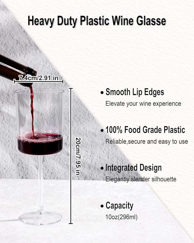 Ciaell 12 Pack Clear Plastic Wine Glasses - 10 Oz Disposable Wine Glasses with Stem for Parties & Weddings & Poolside & Outdoors & Camping