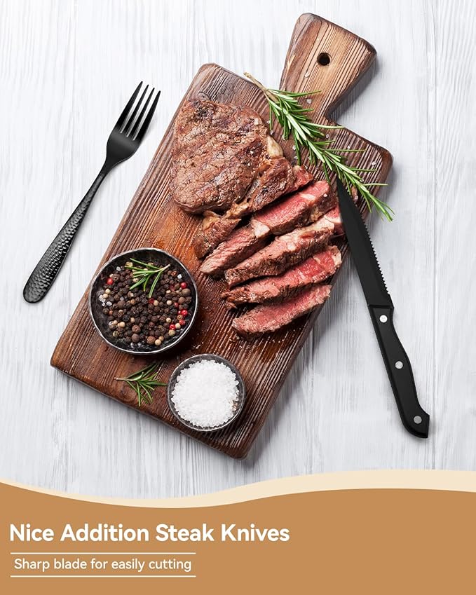 Hammered Silverware Set for 4, Heavy Duty 18/0 Black Flatware Set with Steak Knives, Aswwid 24 Pcs Stainless Steel Kitchen Cutlery Set Include Forks Spoons and Knives, Mirror Utensil Dishwasher Safe