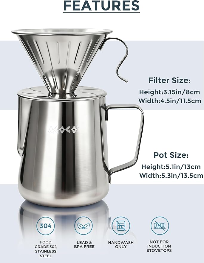 AGOGO Portable Pour Over Coffee Maker V60 Set - Easy Cleaning Compact 304 Stainless Steel Dripper for Camping & 50 Filters Paper & Cleaning Rag Silvery 30oz