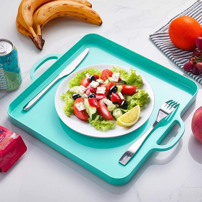 i BKGOO Foodservice Lake Blue Plastic Tray with Handle Set of 2 Large Melamine Cube Serving Platters for Parties, Table, Kitchen Size(12.5"x12.5"x1")