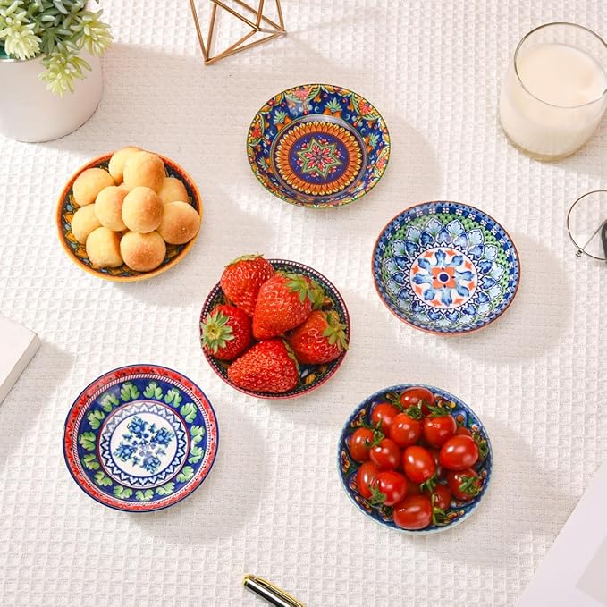 Set of 6 Bohemian Style Small Ceramic Dishes - Ideal for Sauce Cups, Dip Bowls & Appetizer Plates (4 inches, 1)