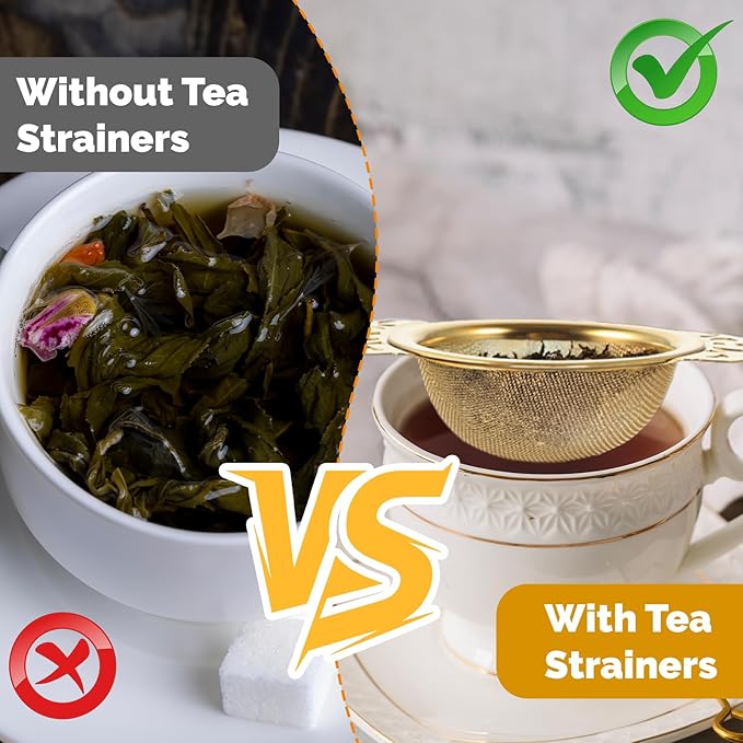 8 Pack Tea Strainer Bowl, 304 Stainless Steel Tea Drain Strainer TeaFilter Mesh TeaDrip Bowls Teapot Strainers With Petal Handles TeaDivider for 2.5-4 Inch Cup Mouth, Gold