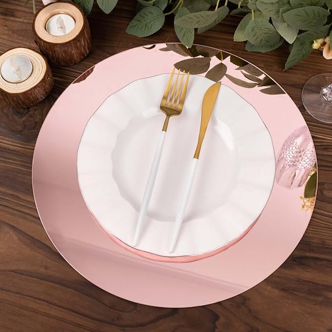 Efavormart 10 Pack Rose Gold Mirror Plastic Charger Plates for Table Setting, 13" Lightweight Round Decorative Dining Plate Chargers