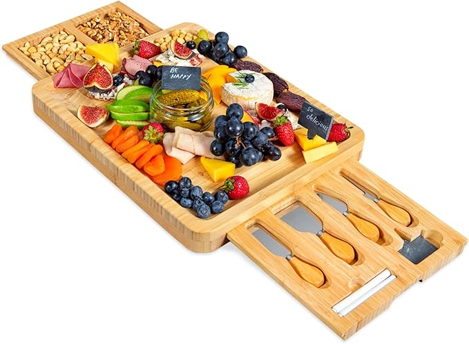 RoyalHouse Unique Bamboo Cheese Board and Knife Set with 2 Slide-Out Cutlery Drawers - Charcuterie Boards Set - Birthday Gifts for Women, Wedding Gifts for Couples 2025, Bridal Shower Gifts