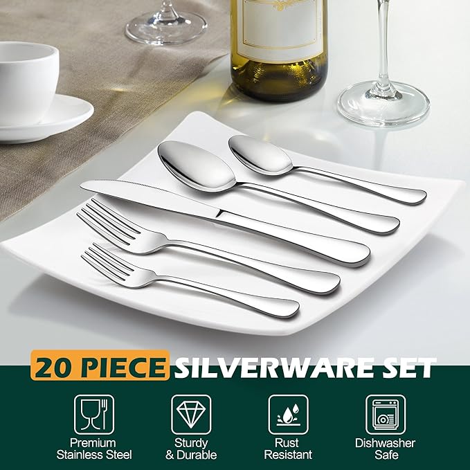 LIANYU 26 Piece Silverware Set with Serving Spoons, Stainless Steel Flatware Cutlery Set for 4, Kitchen Utensil Tableware Set for Home Restaurant Party, Satin Finish, Dishwasher Safe