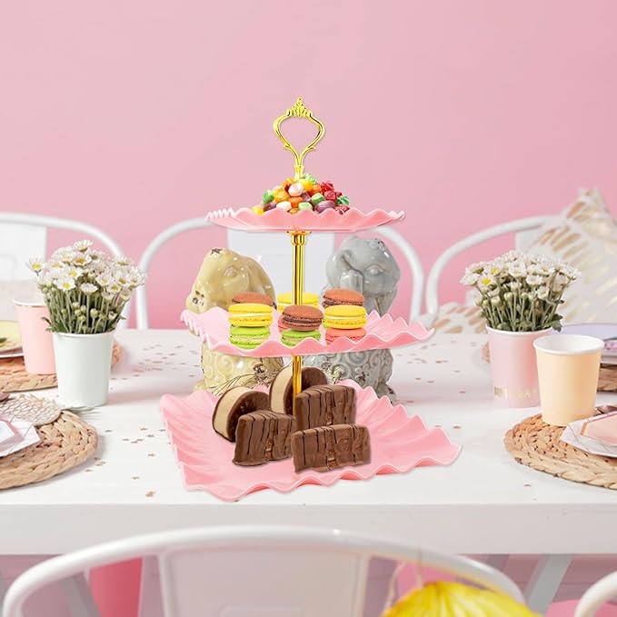 5 Pcs Dessert Table Display Set, Pink Cupcake Stand Set with 2xSquare 3-Tier Cake Stands Holder + 3X Appetizer Trays Suitable for Birthday Wedding Tea Party Baby Shower (Wave Square)