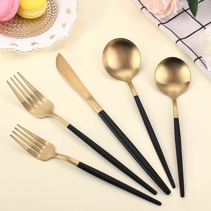 Matte Gold Silverware Set With Black Handle, LAZAHOME Stainless Steel Flatware Cutlery Set Service for 8, 40-Piece Kitchen Utensil Set Include Spoons And Forks Set, Dishwasher Safe.