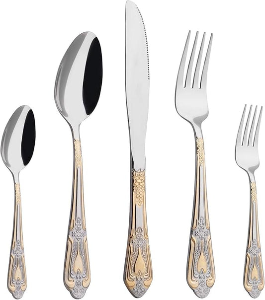 Silverware Set Limited Edition – 20 Piece Flatware Set – Cutlery Set for 4 – Silver Tableware Set w/Gold Accents – Great for Family Gatherings & Daily Use – Spoons, Knives, Teaspoons, Forks(Medallion)