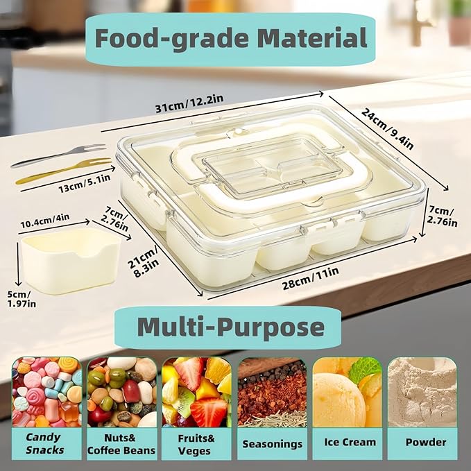 Snackle Box Container, Divided Serving Tray with Lid & Handle, Portable Snack Box Charcuterie Container for Nuts,Candy,Fruits, Snack Platter with 8 Compartments&6 forks for Party,Entertaining,Picnic