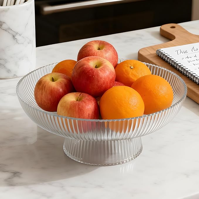 Large Glass Fruit Bowl for Kitchen Counter Decorative Centerpiece Bowl for Table Home Déco, Clear Ribbed
