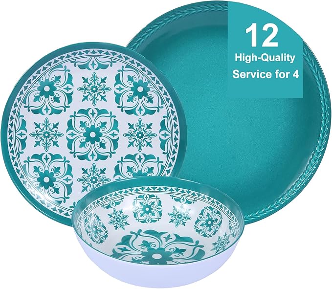 Melamine Dinnerware Set 12-Piece (Service for 4) – Dishwasher Safe, Unbreakable Lightweight Plates & Bowls for Indoor/Outdoor Use – Patio, Kids, Camping