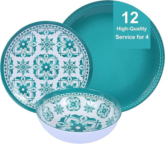 Melamine Dinnerware Set 12-Piece (Service for 4) – Dishwasher Safe, Unbreakable Lightweight Plates & Bowls for Indoor/Outdoor Use – Patio, Kids, Camping