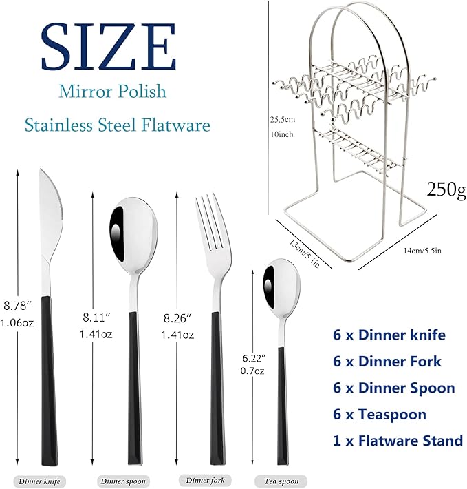 Silverware Set, 24 Piece Mirror Flatware Set With Stand, Stainless Steel Utensils With Black Handle, A Complete Cutlery Set For Most Families, Service For 6